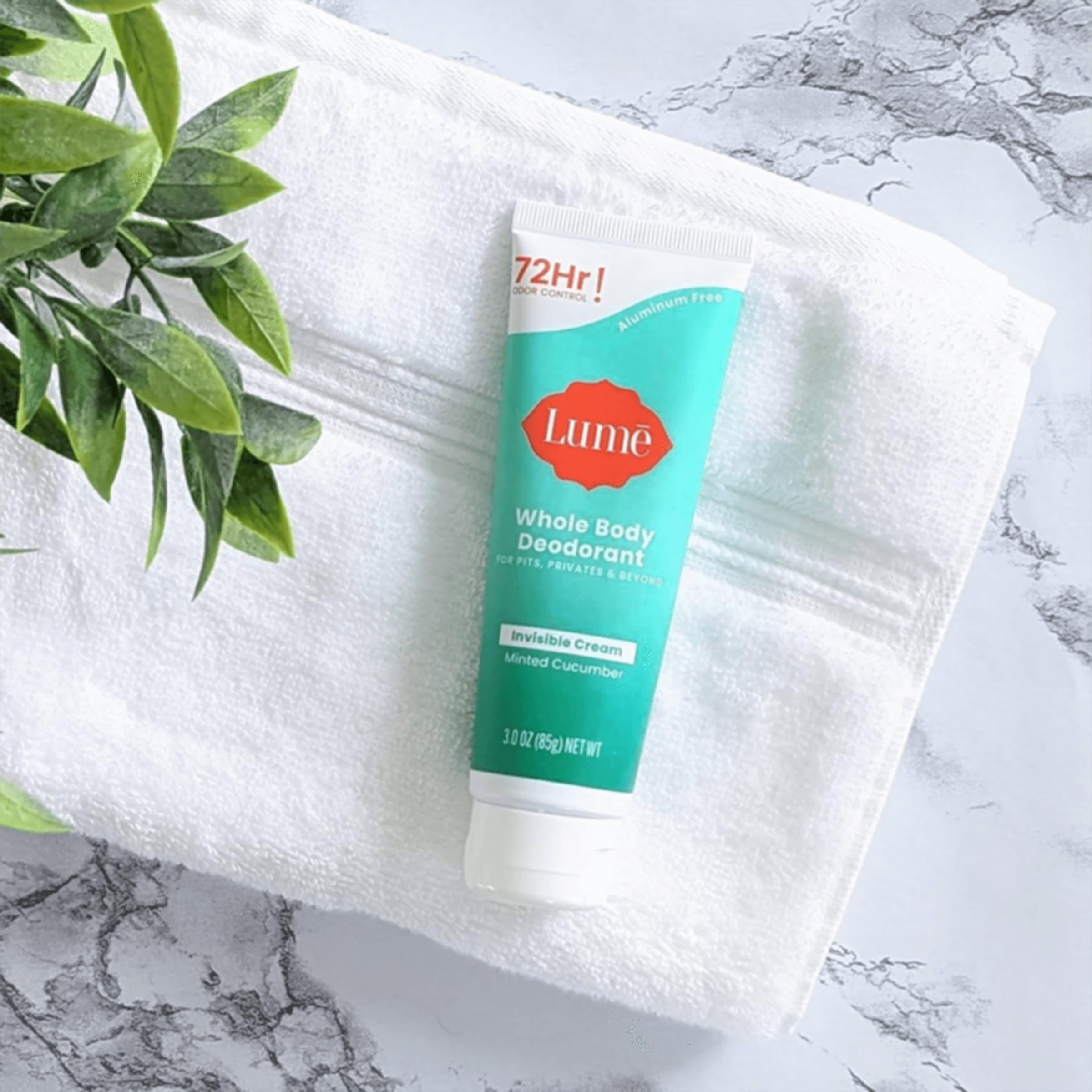Lume 3-ounce tube on bathroom counter for convenient daily use