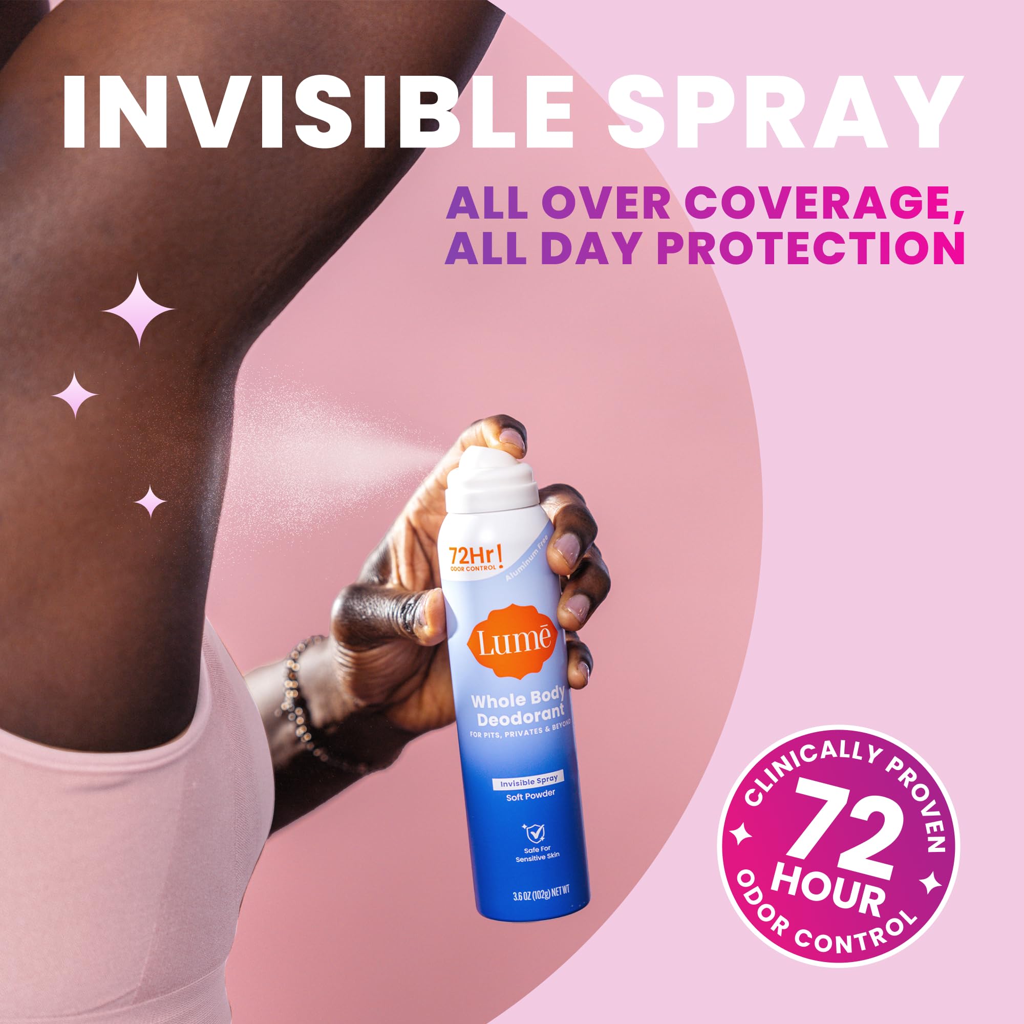 Applying Lume spray from six inches away on dry skin demonstrates proper use.