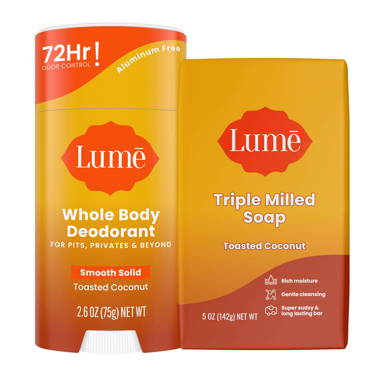 Bâton déodorant Lume, noix de coco grillée, contrôle d’odeur durable.
