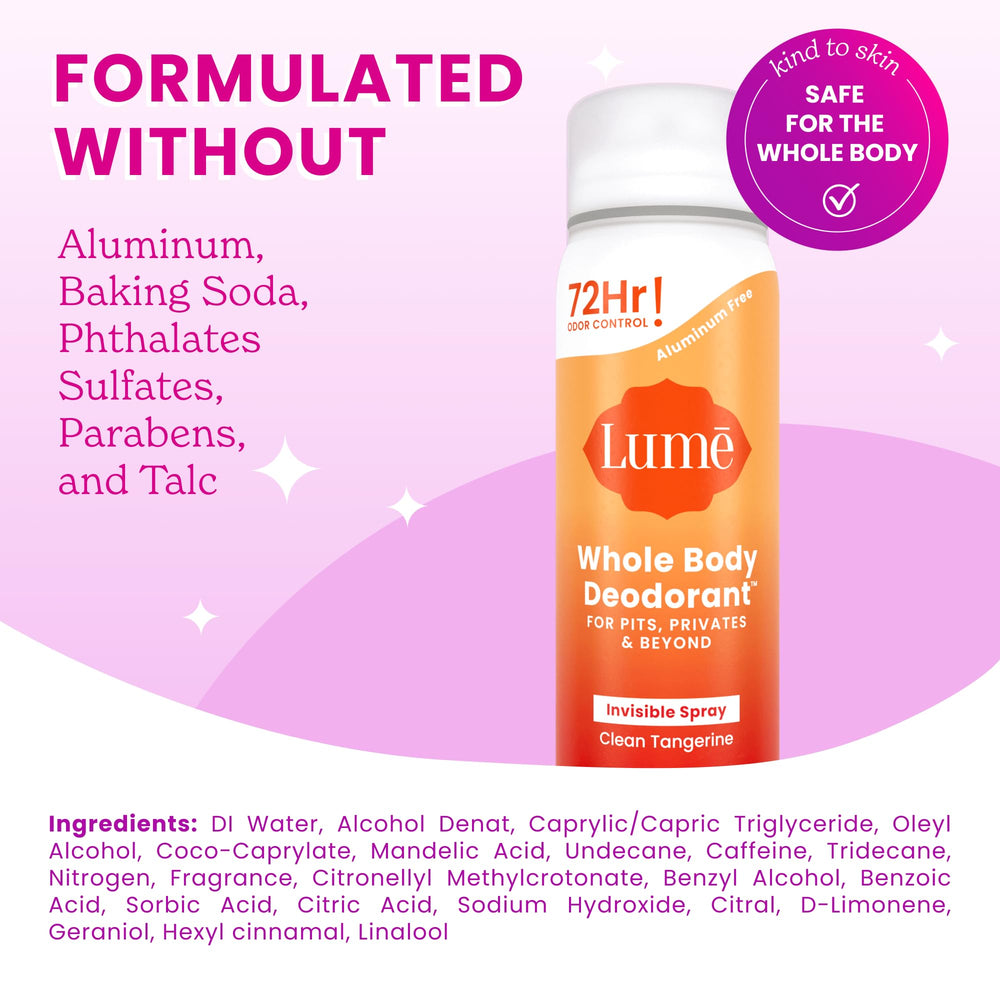 Close-up of Clean Tangerine scent label on Lume deodorant bottle.