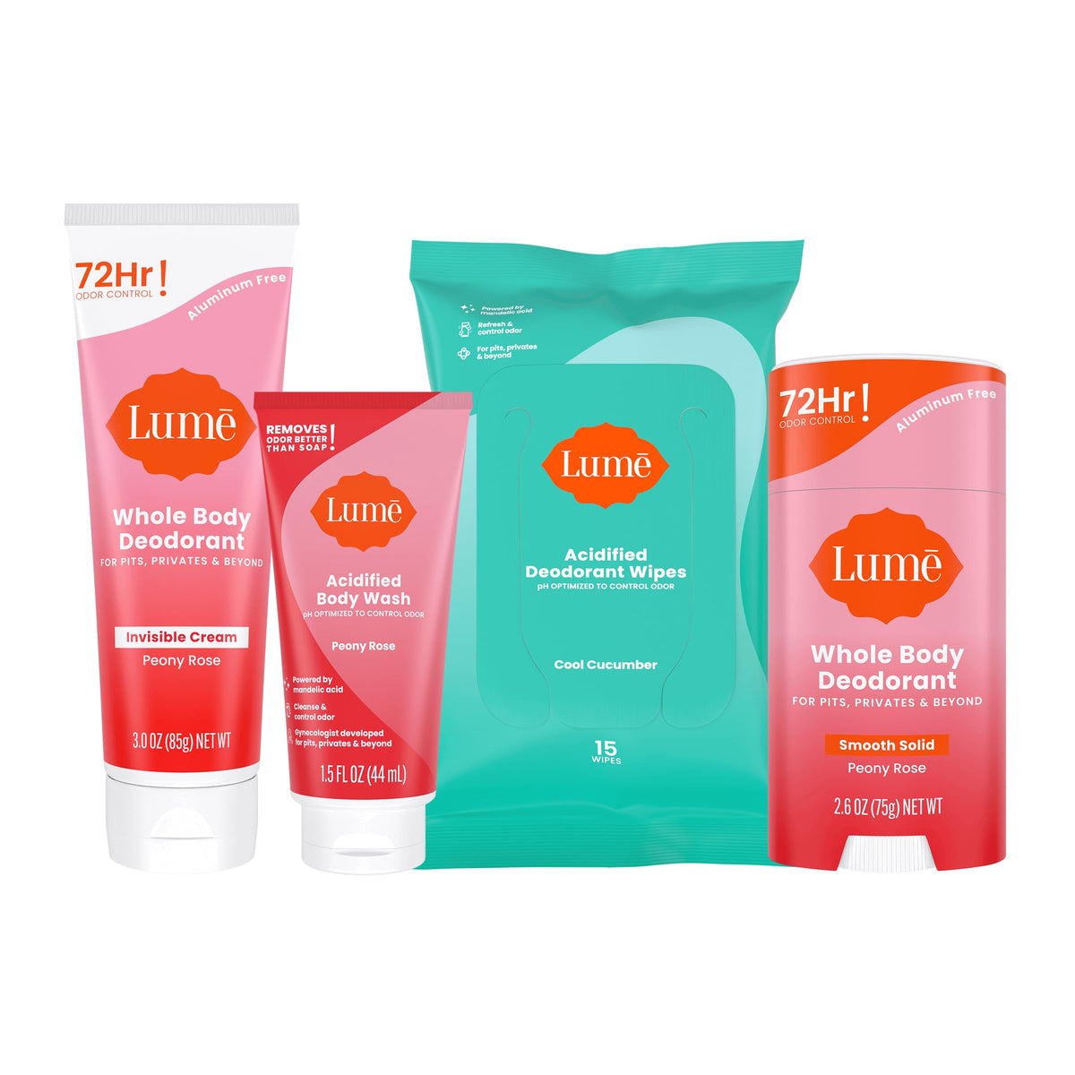 Coffret Lume Péony Rose prêt à offrir, ensemble complet pour la routine quotidienne.