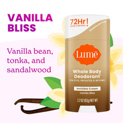 Lume Déodorant Crème Invisible Vanille Délice sous-poitrine, fraîcheur durable.
