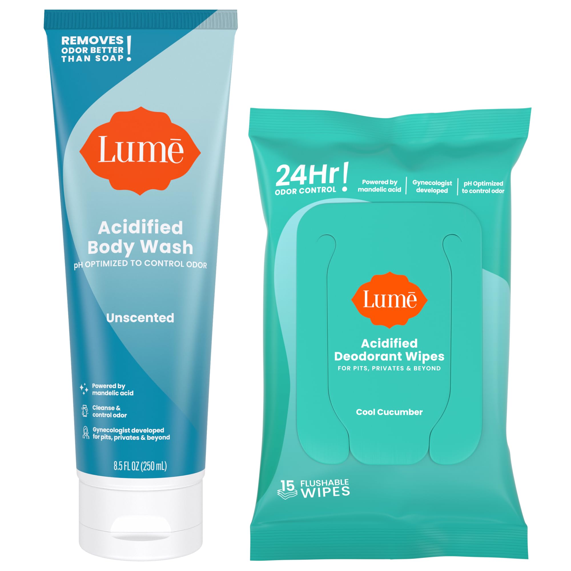 Bouteille de gel douche Lume acidifiée, hydratation et contrôle d’odeur.
