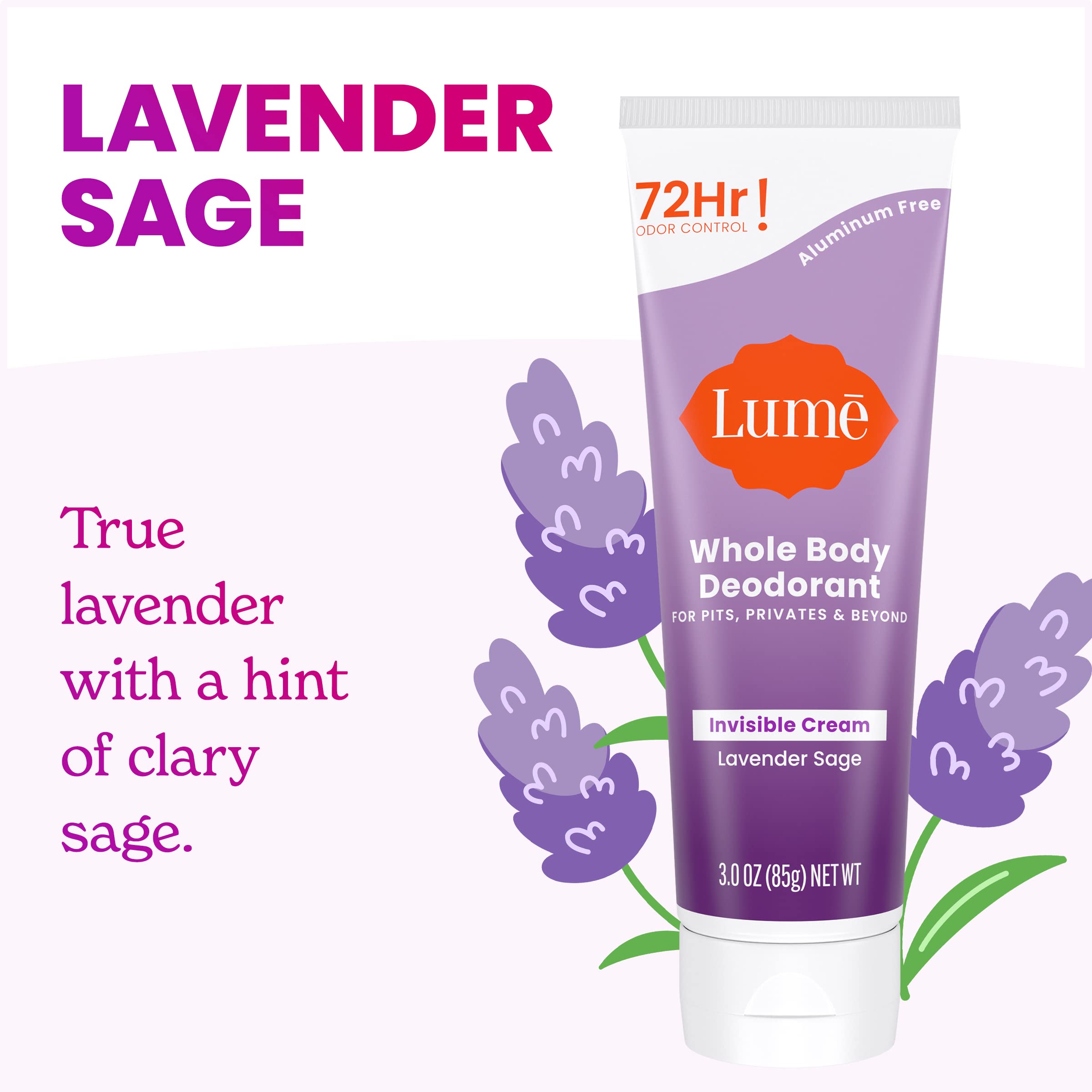 Lume 72-hour odor-control highlights long-lasting freshness.