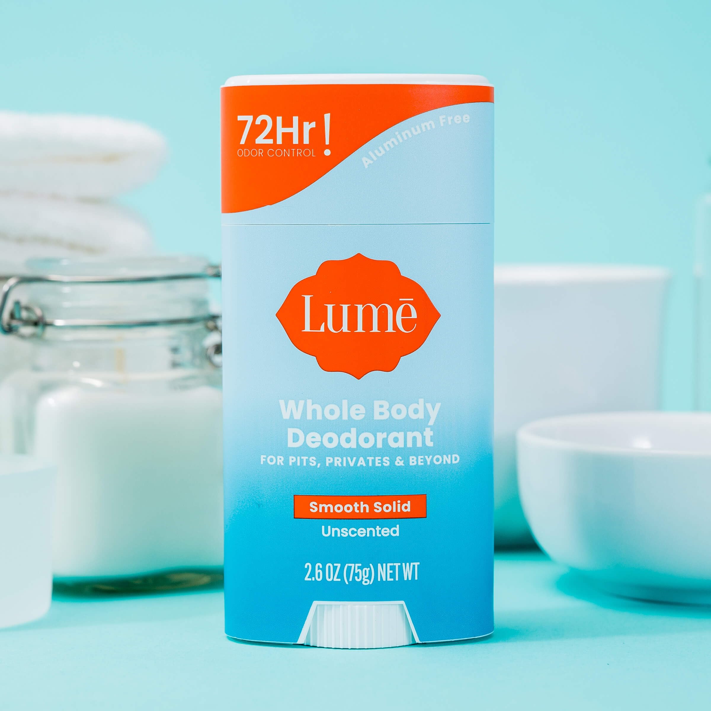 Lume packaging box emphasizes aluminum-free, skin-friendly approach.