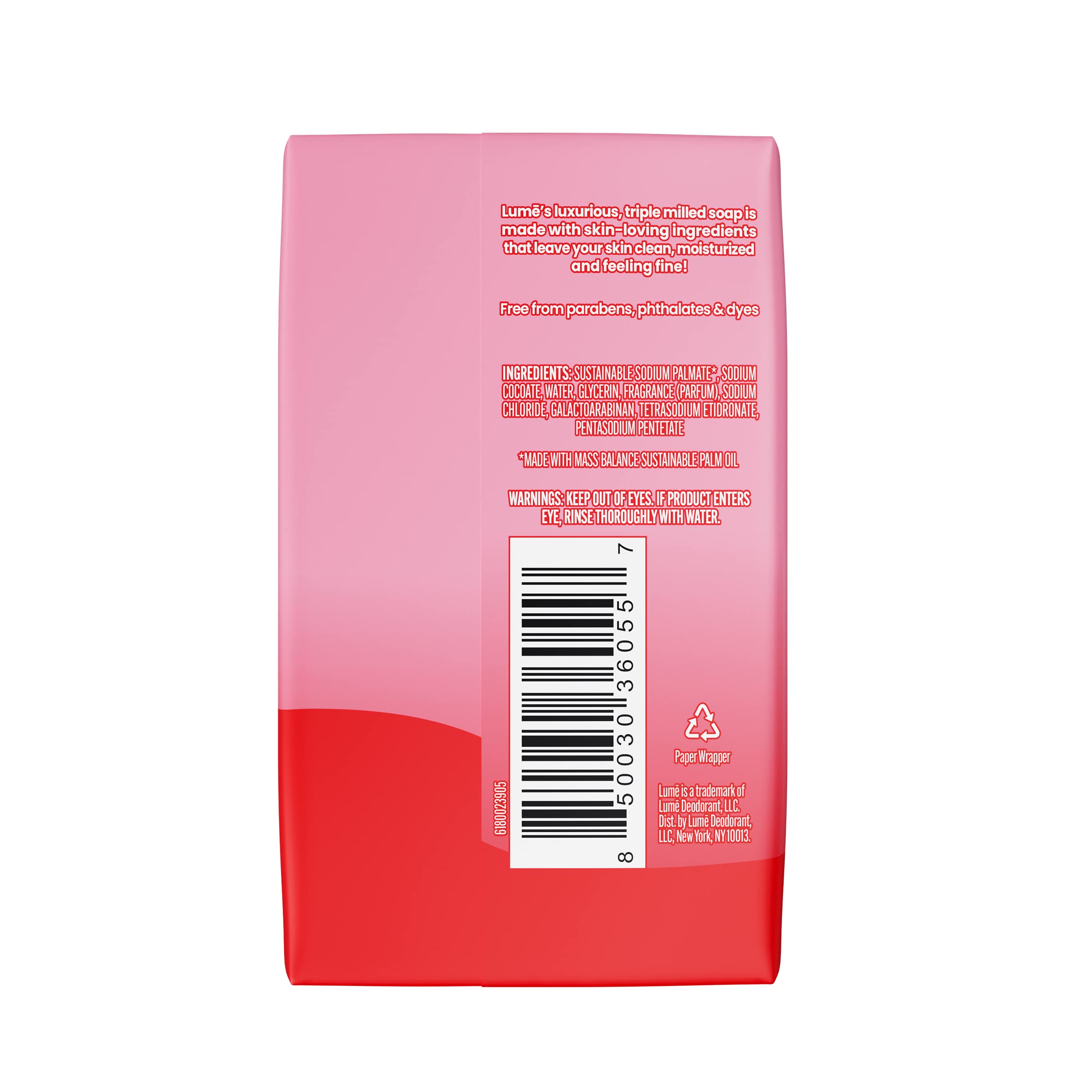 Texture moulée triple du savon Lume Peony Rose offrant mousse dense.