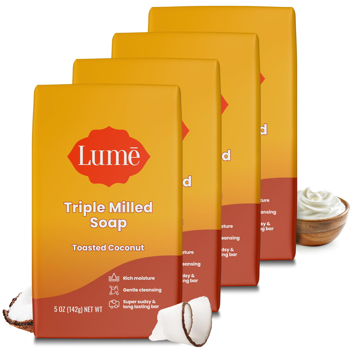 Savon Lume, barre noix de coco toastée, hydratation riche pour la peau.