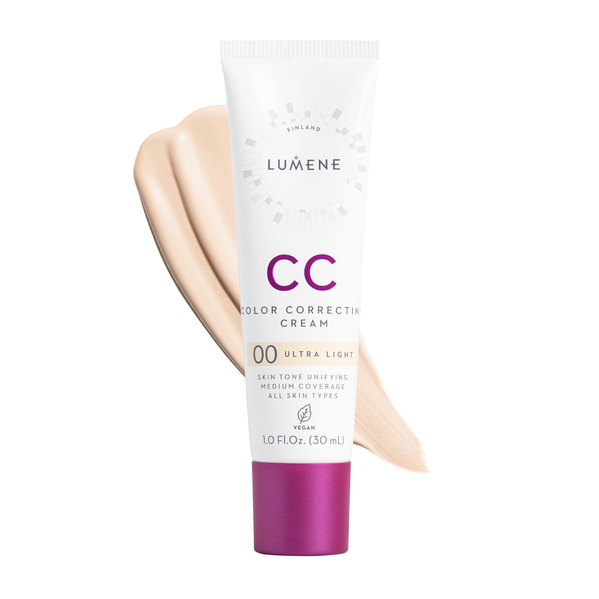 Lumene Color Correcting CC Cream dans sa bouteille, teint unifié et lumineux.