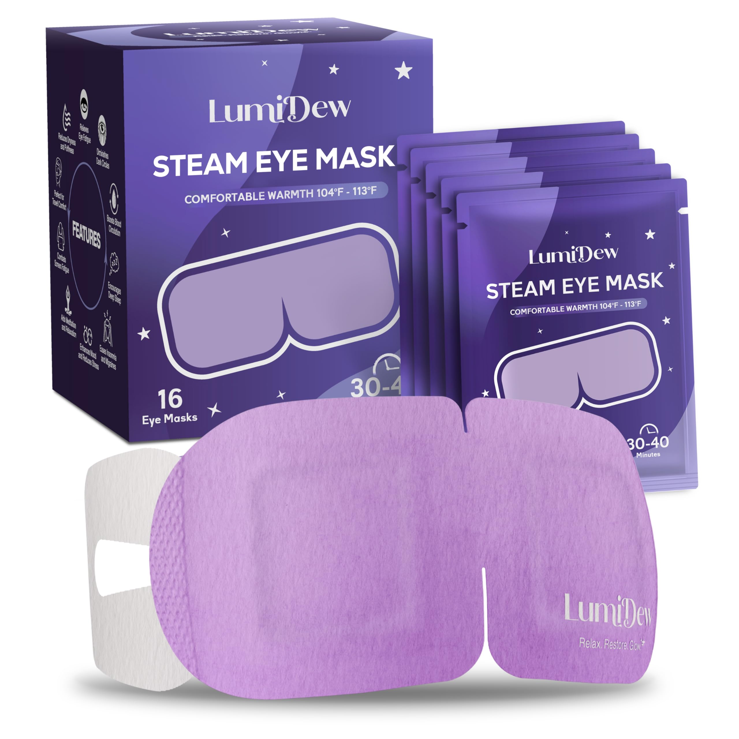 LumiDew masque yeux vapeurlemballage prêt à l’emploi pour une détente nocturne rapide