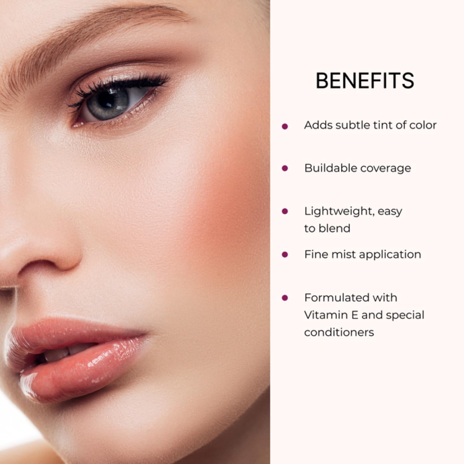 Luminess blush en pulvérisation, teinte neutre pour un teint homogène.