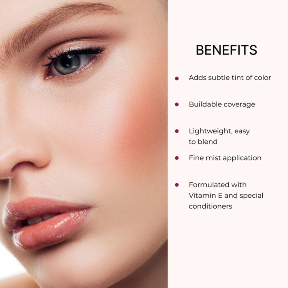Luminess blush en pulvérisation, teinte neutre pour un teint homogène.