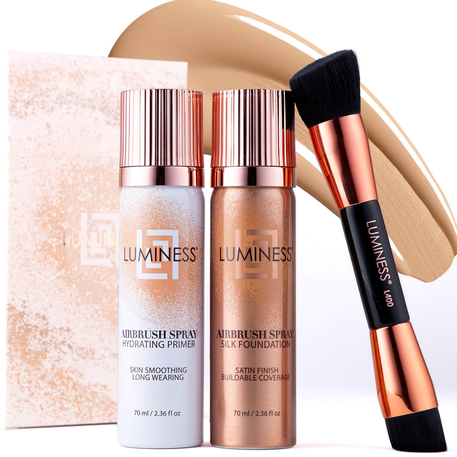 Luminess kit aérographe fond de teint soie clair-moyen, fini uniforme et naturel.