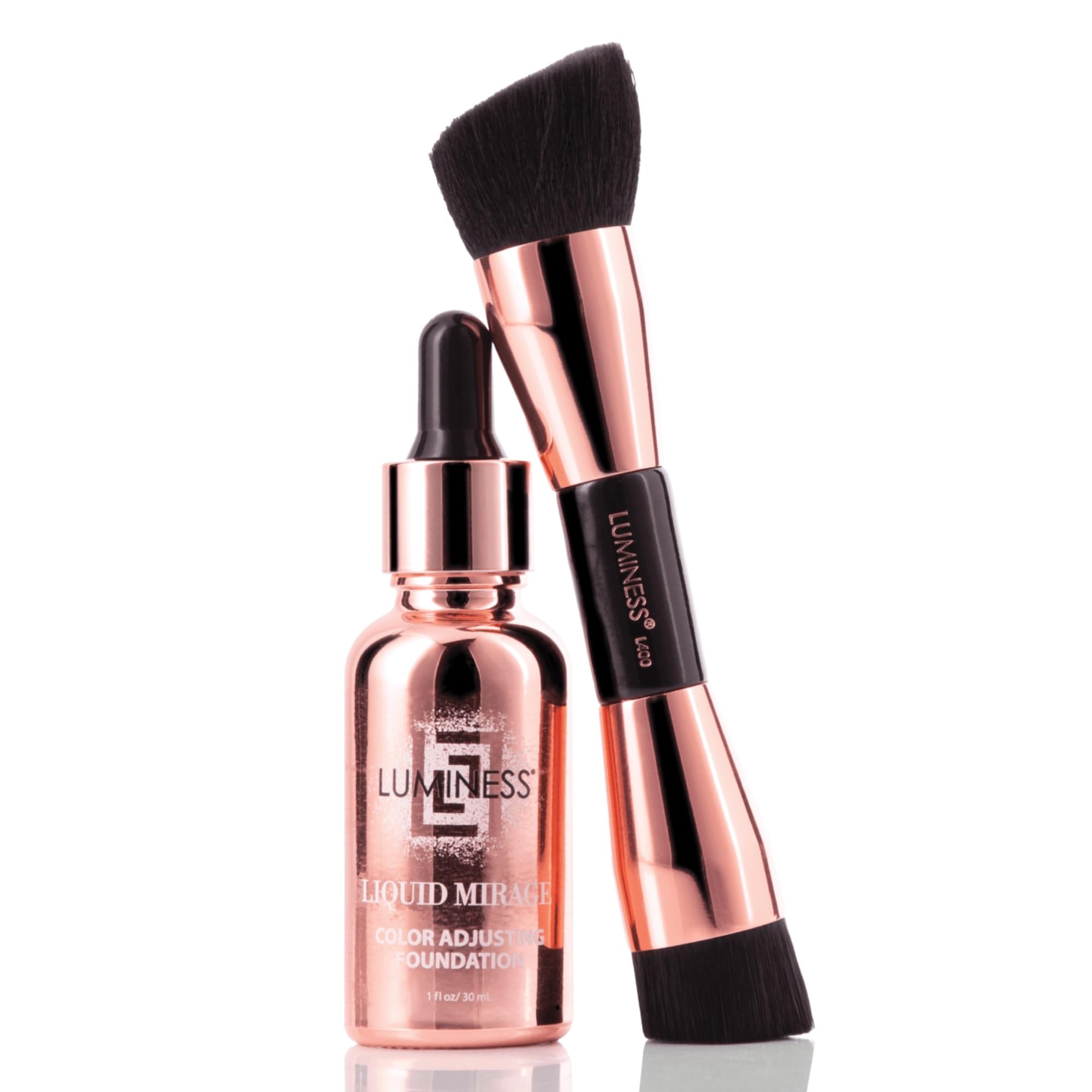 Luminess Liquid Mirage flacon et capot démontrant une teinte universelle adaptable pour une carnation naturelle.
