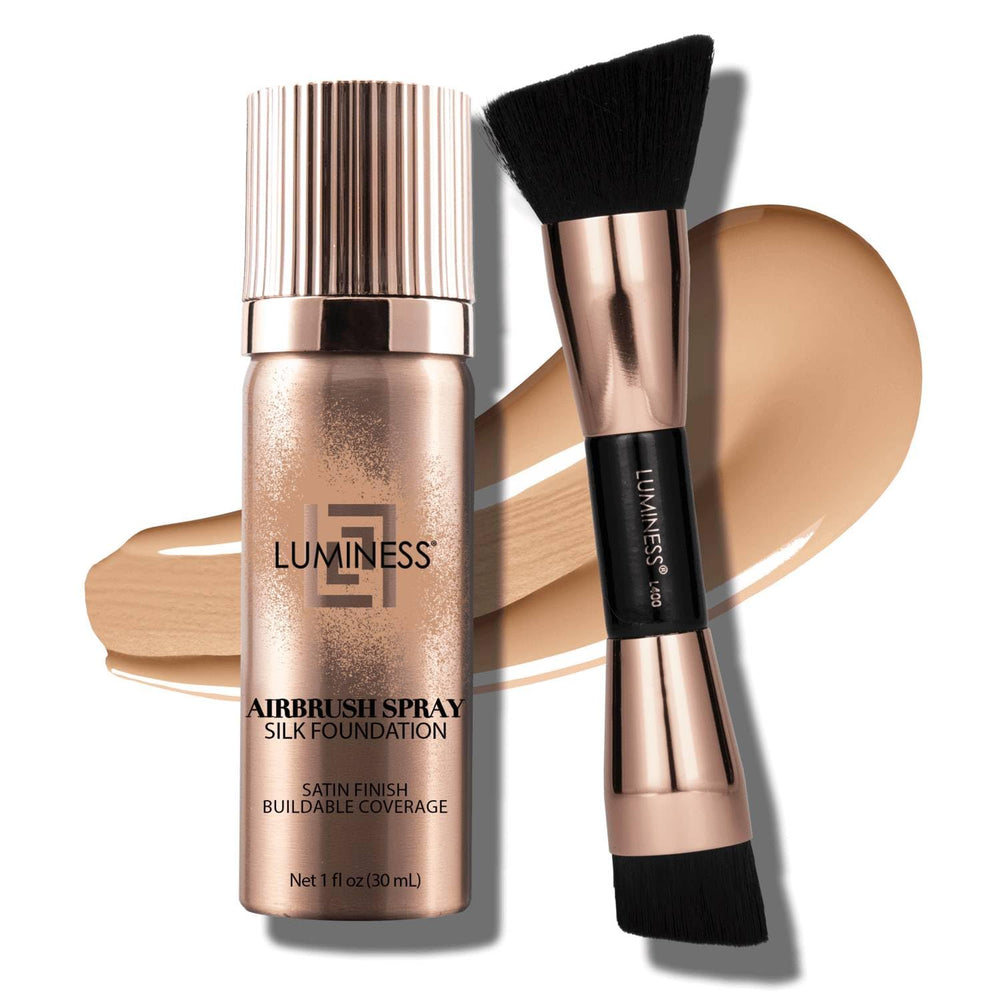 Luminess Silk Airbrush Foundation — bouteille montrant une couvrance modulable et un fini naturel.
