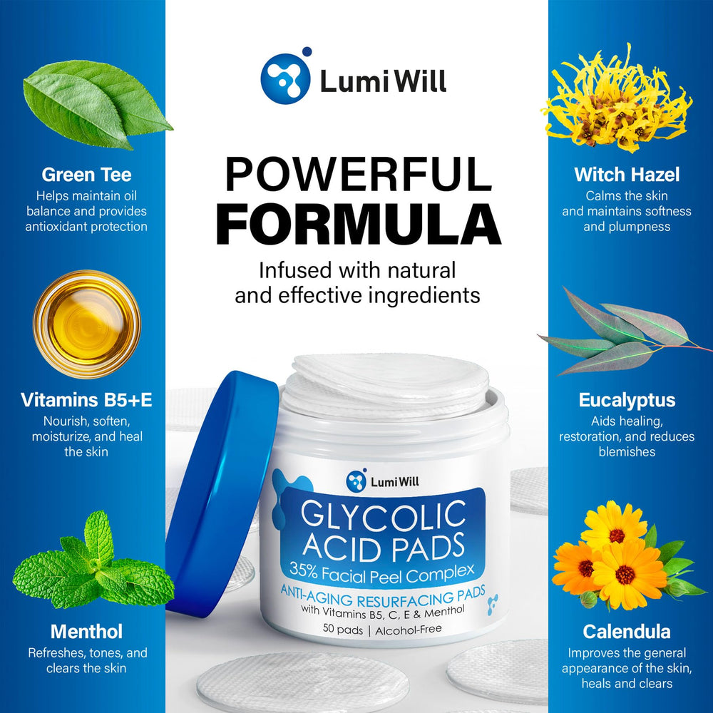 Tampons Glycoliques LumiWill 35, pores claires et texture plus lisse.