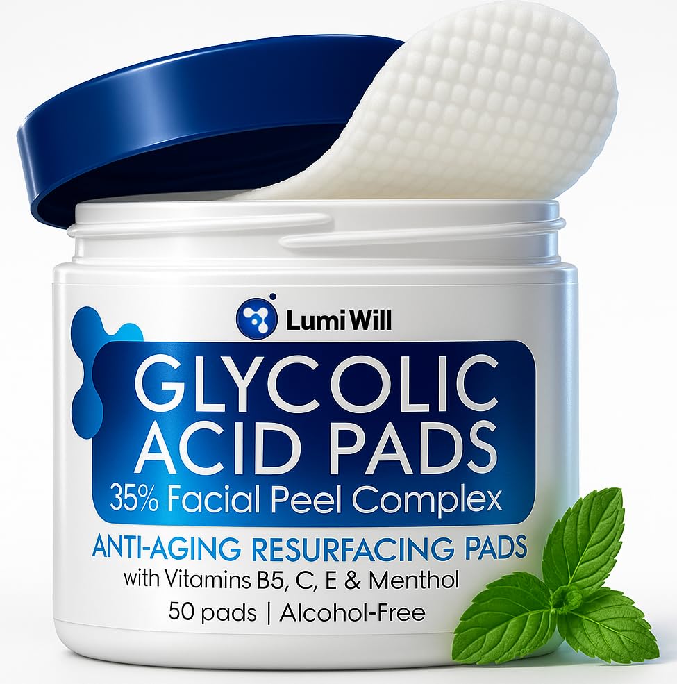 Tampons Glycoliques LumiWill pour le visage, exfoliation douce et teint uniforme.