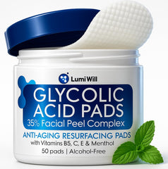Tampons Glycoliques LumiWill pour le visage, exfoliation douce et teint uniforme.