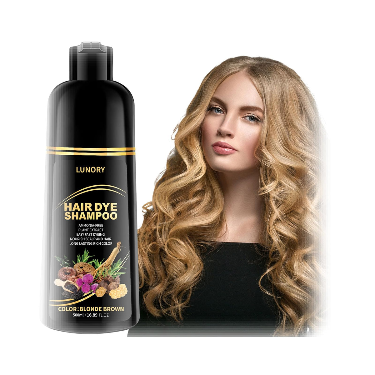 Lunory shampoing-teinte blonde-brun en bouteille, couleur durable et naturelle.