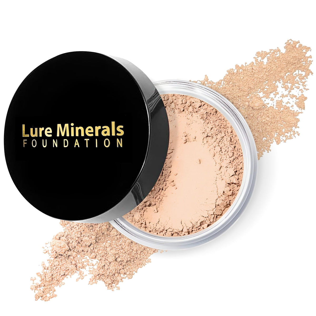 Lure Minerals Foundation 8g jar front view, compact packaging for travel use.