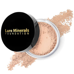 Lure Minerals Foundation loose powder jar closeup shows smooth, adjustable coverage.
