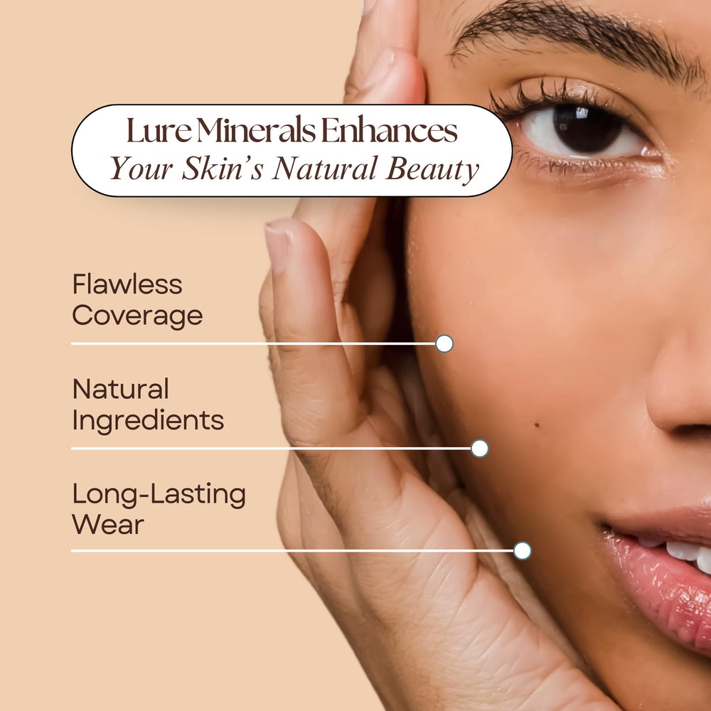 Lure Minerals Foundation loose powder jar open reveals silky texture for light to full coverage.