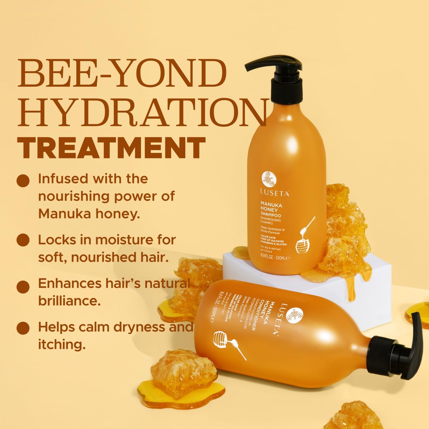 Luseta Après-Shampooing Manuka Miel: bouteille, démêle et nourrit les cheveux en profondeur.