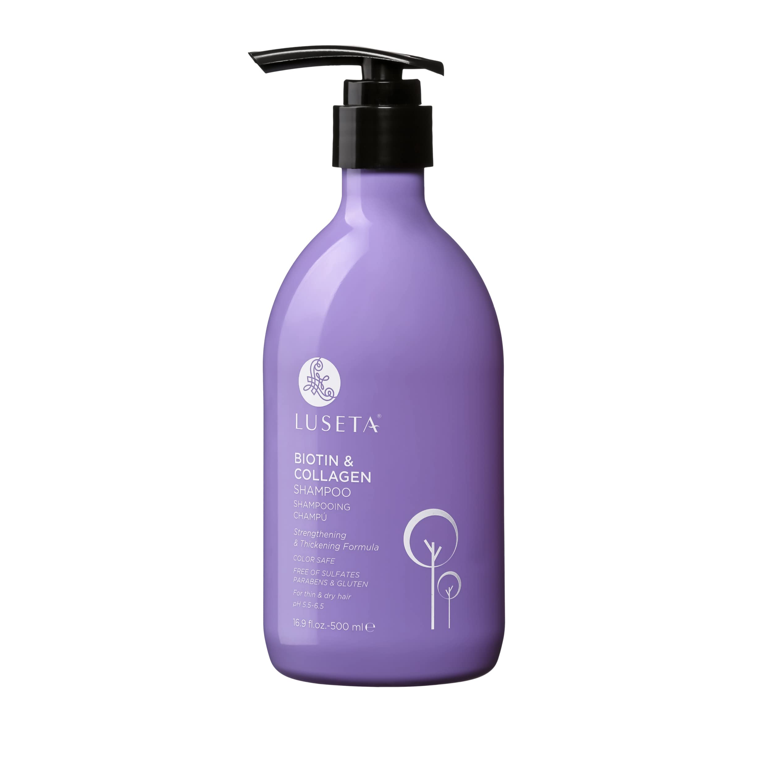Luseta Shampoing Biotine et Collagène – bouteille affichée, soin densifiant pour cheveux plus épais.