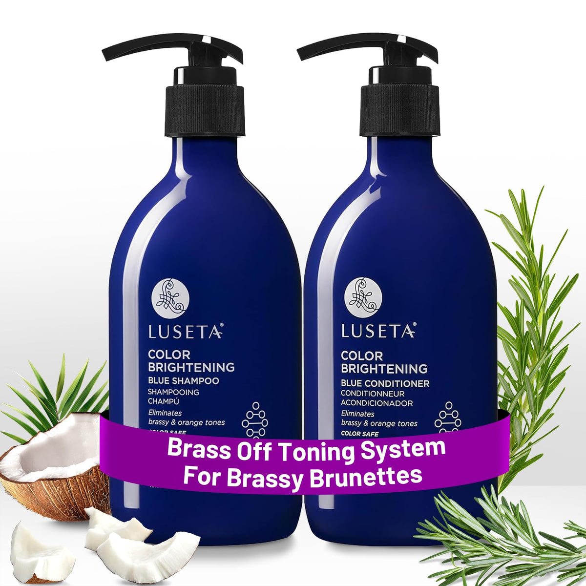 Bouteille du shampooing Luseta Blue neutralisant les reflets orangés sur cheveux colorés.