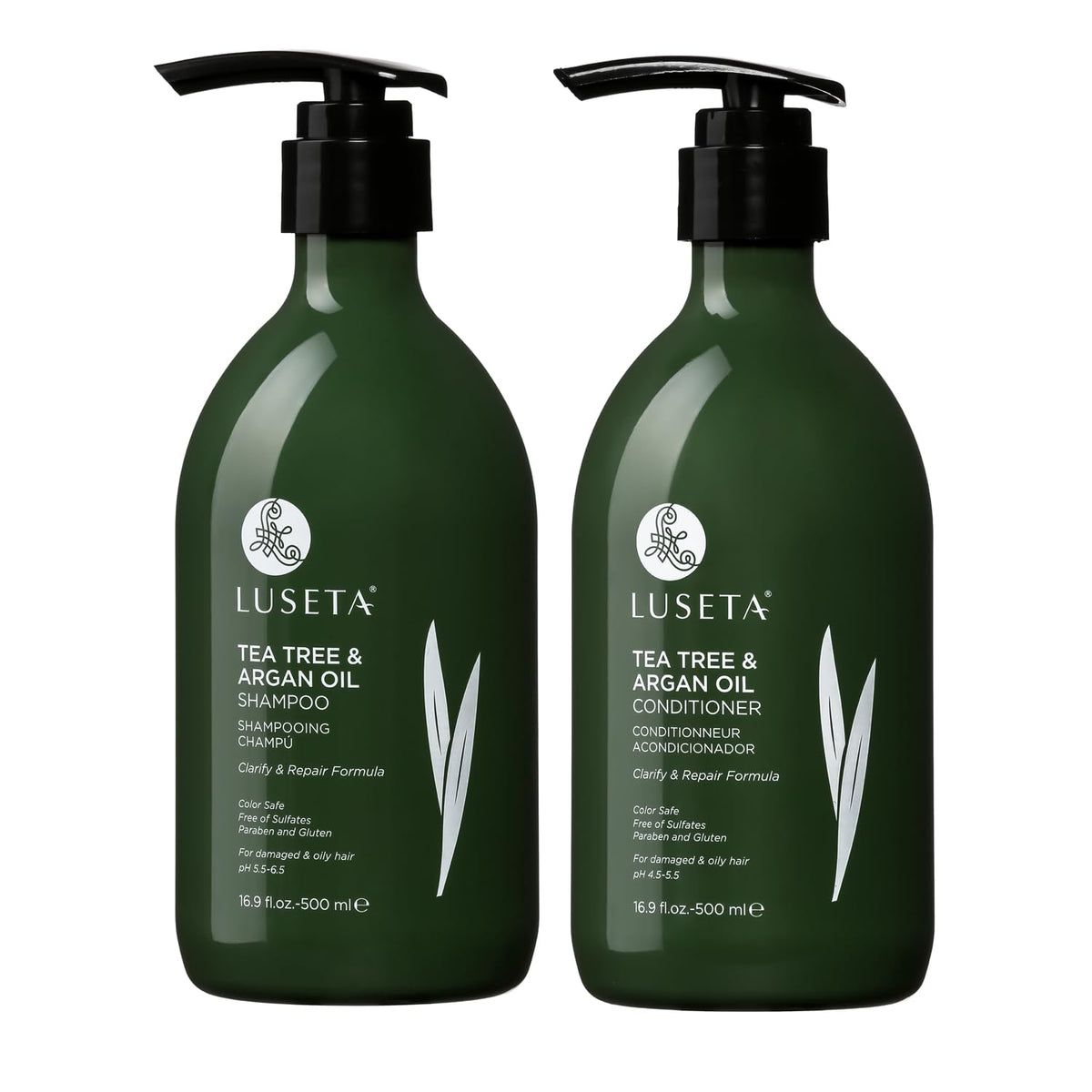 Luseta shampooing arbre à thé et argan, bouteille visible, purifie le cuir chevelu et apporte fraîcheur durable.