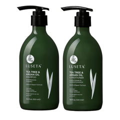 Luseta shampooing arbre à thé et argan, bouteille visible, purifie le cuir chevelu et apporte fraîcheur durable.