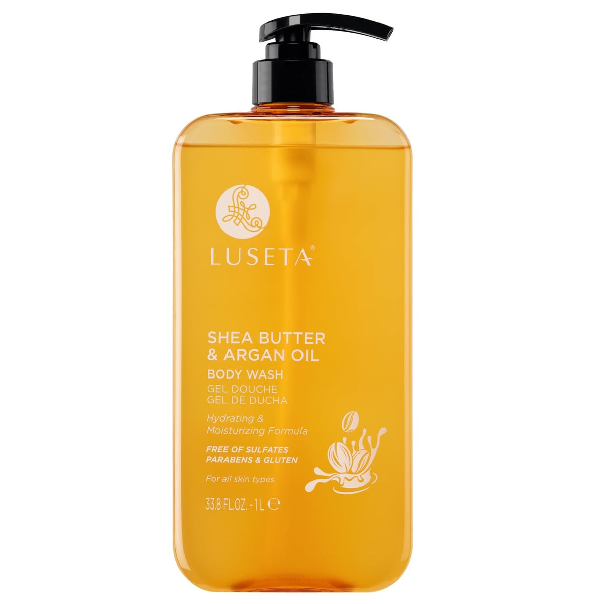 L Luseta gel-douche karité argan, bouteille hydratante au quotidien.