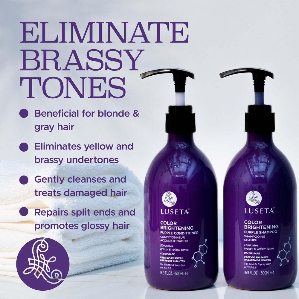 Luseta après-shampoing violet en bouteille pour apporter brillance et protection.