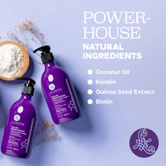 Main appliquant le Luseta violet pour démêlage et hydratation des longueurs.
