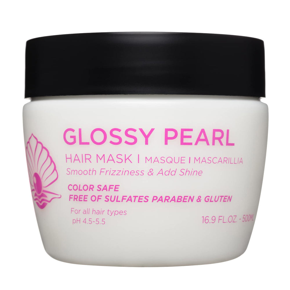 Luseta Glossy Pearl Hair Mask bottle promoting smoothing and hydration.