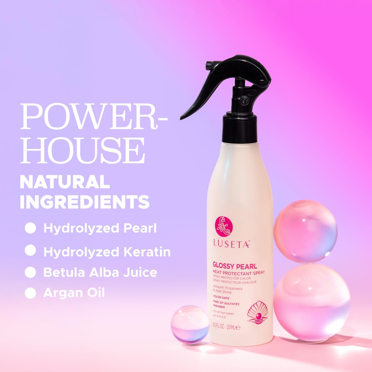 Luseta Glossy Pearl brumisateur sur cheveux humides – distribution homogène.