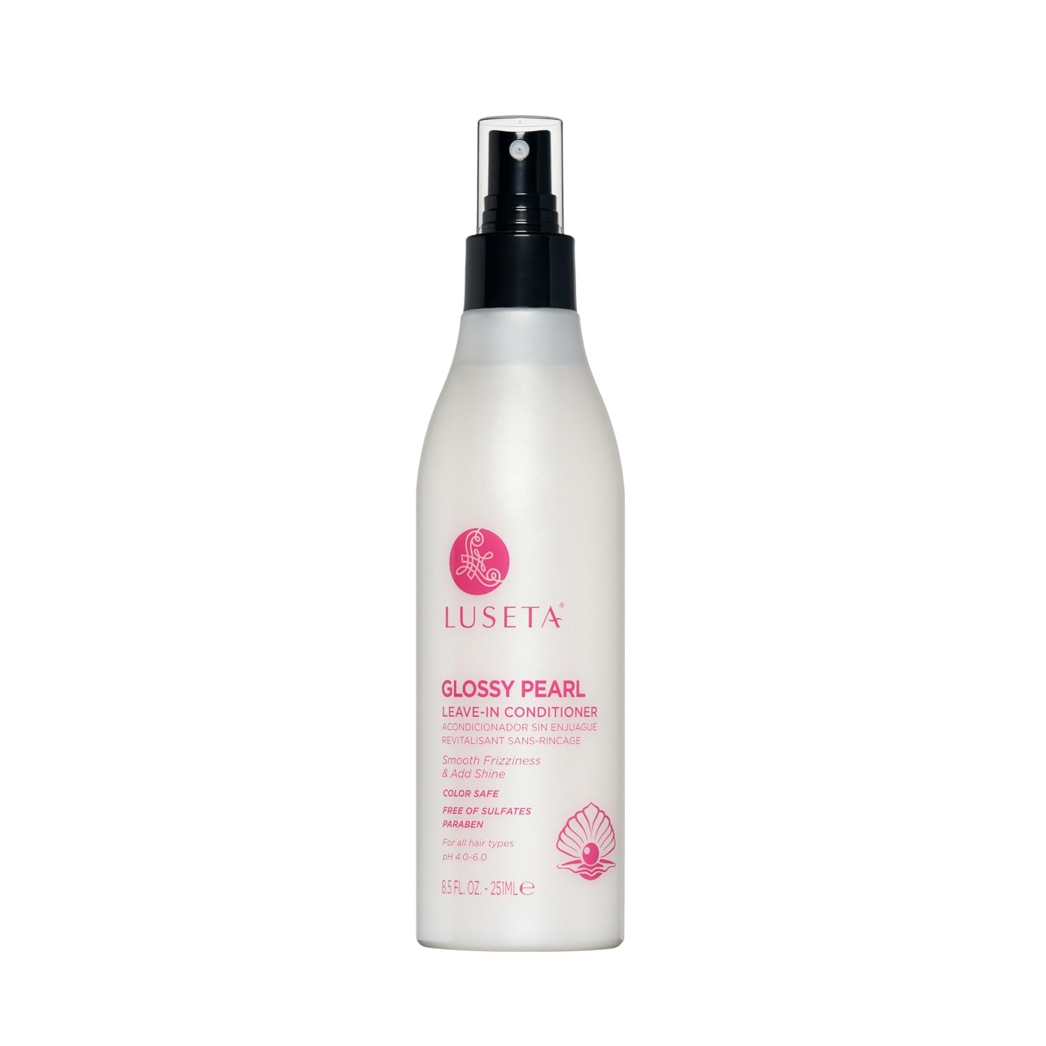 Luseta Glossy Pearl Leave-In Conditioner bottle pour adds shine and moisture.