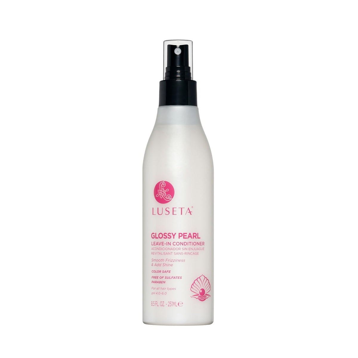 Luseta Glossy Pearl Leave-In Conditioner bottle pour adds shine and moisture.