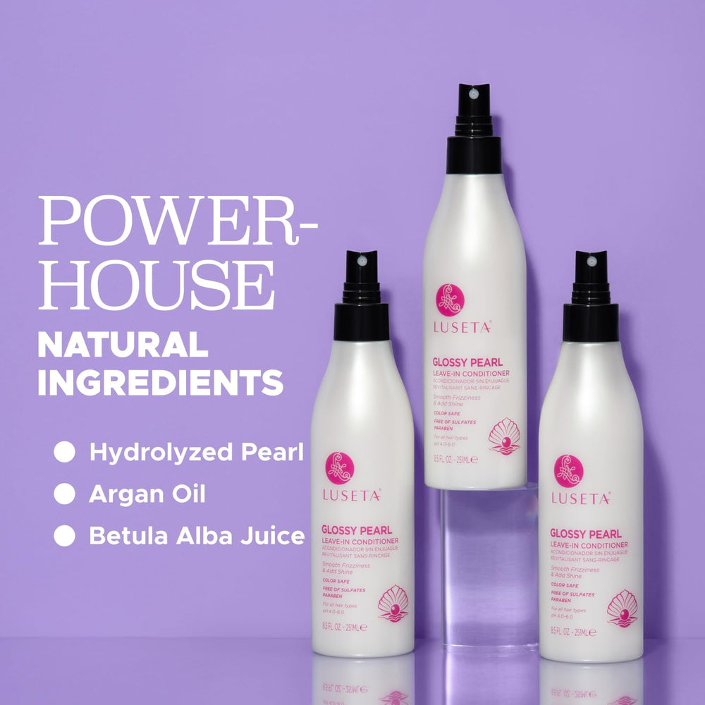 Luseta Glossy Pearl Leave-In Conditioner on wet hair enhances moisture and smoothness.
