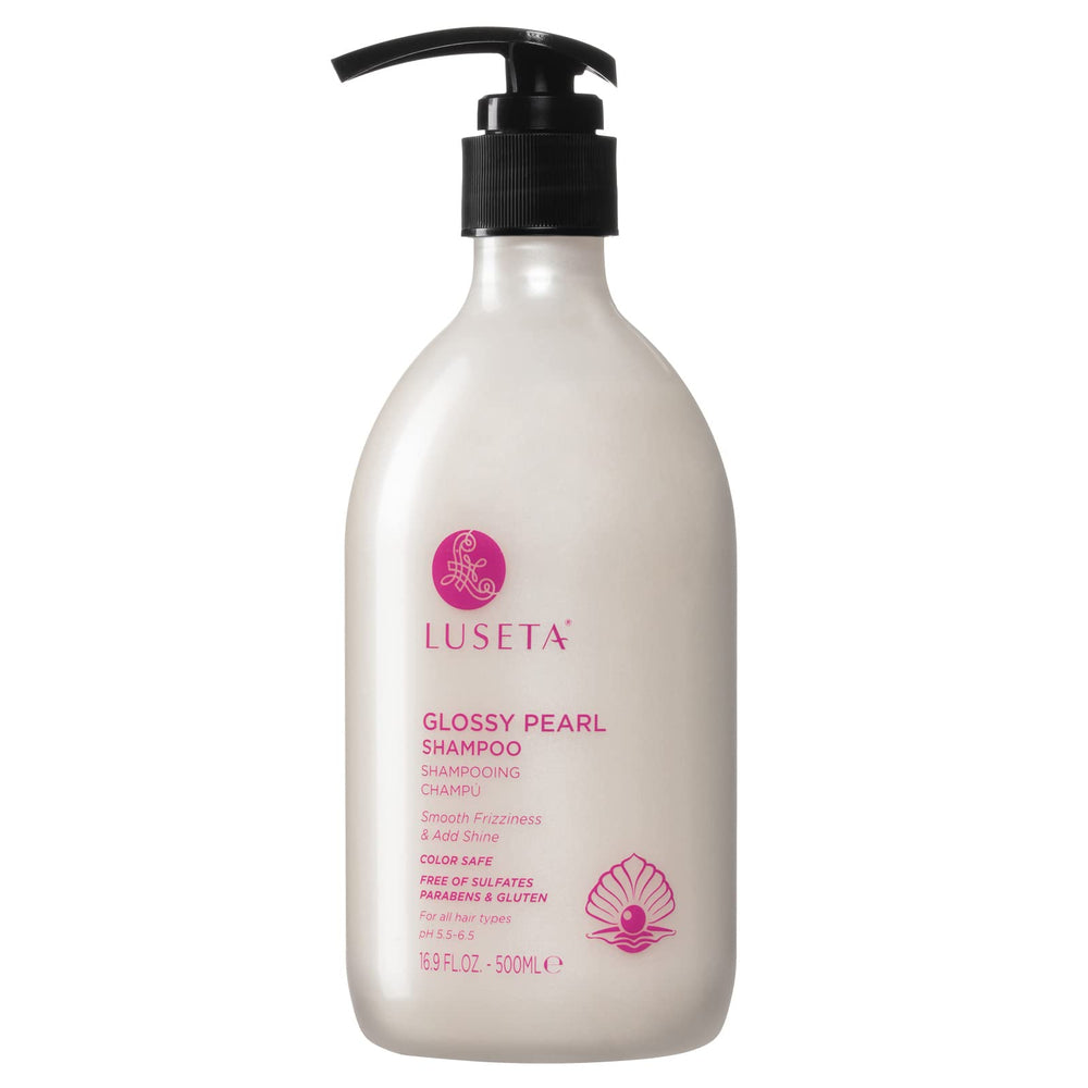 Luseta Glossy Pearl Shampoo: bouteille affichant la brillance pour cheveux ternes