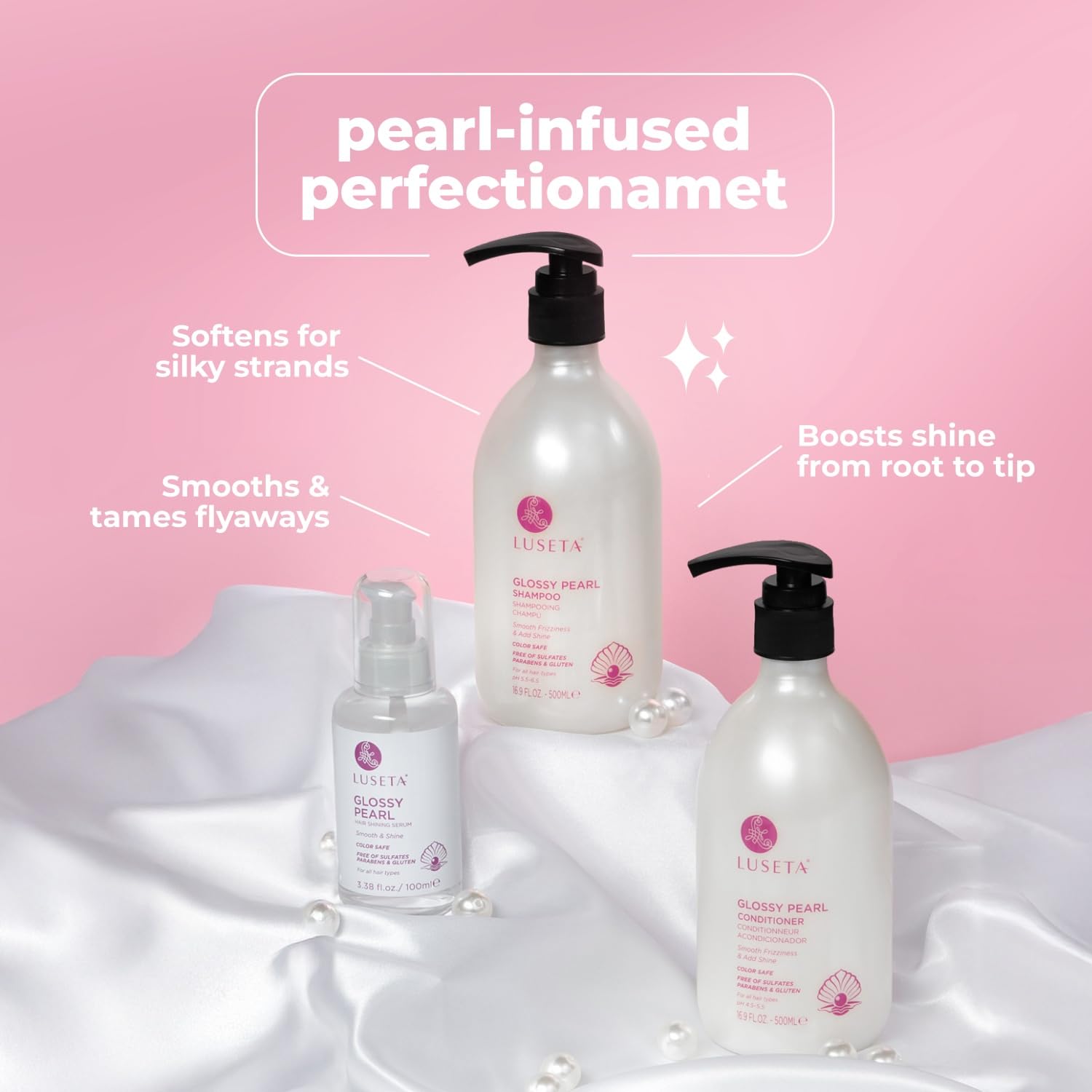 Ensemble Glossy Pearl Trio: coffret soin capillaire complet pour une routine efficace