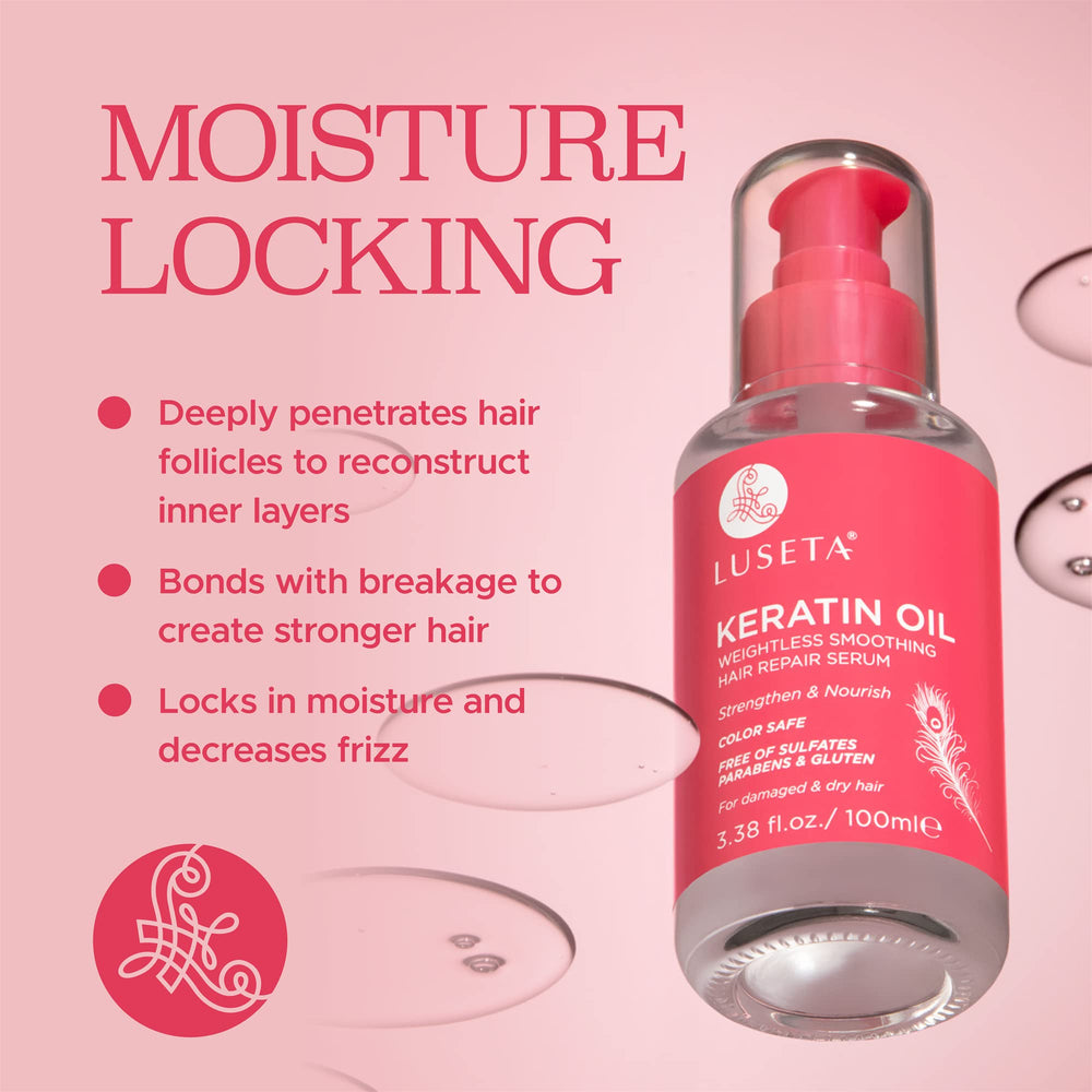 Luseta Keratin Oil bottle demonstrating frizz control styling