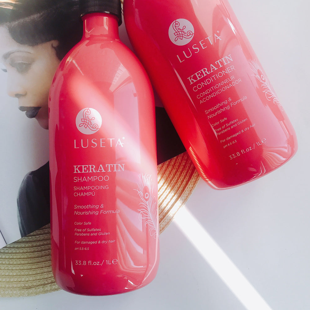 Bouteille avec pompe de Luseta Keratin Smooth, utilisation pratique.