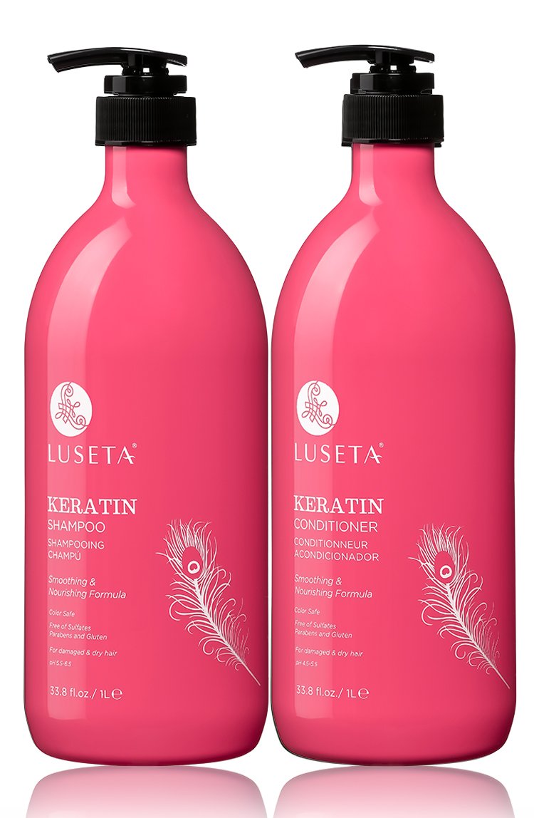 Shampoing Luseta Keratin Smooth en bouteille, hydratation des cheveux abîmés.