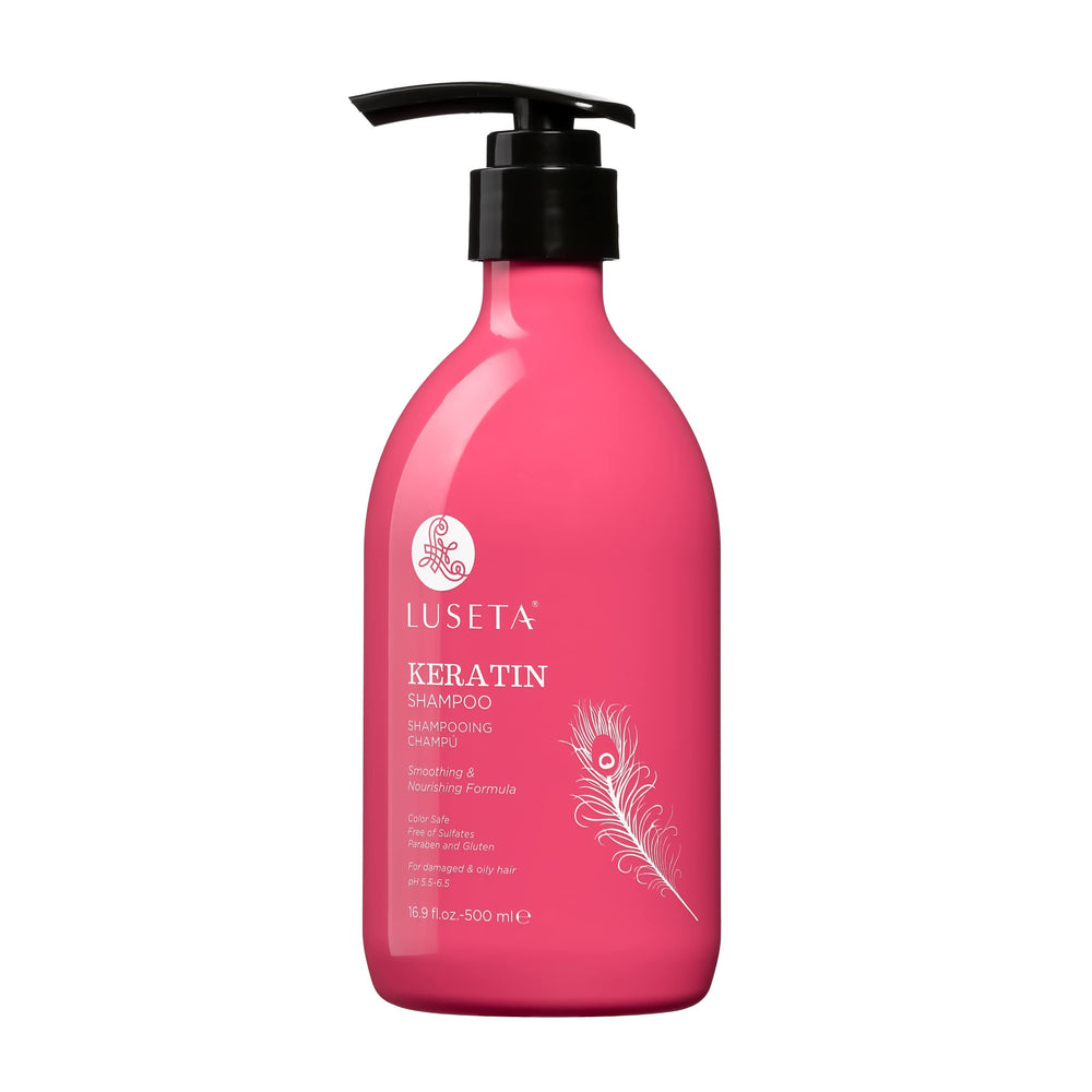 Luseta Keratine Shampoo – bouteille élégante montrant un soin capillaire nourrissant pour cheveux fragiles.