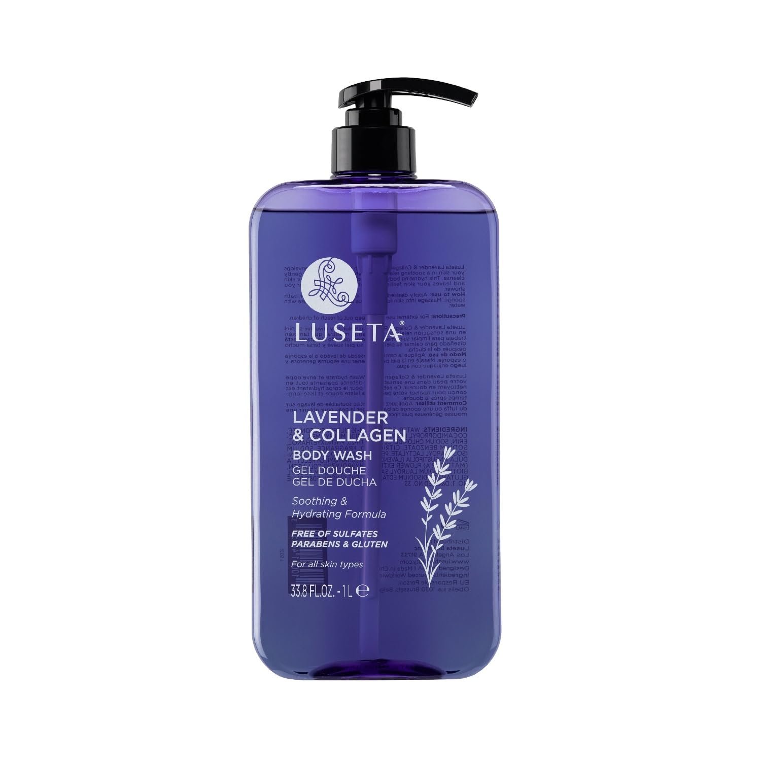Luseta Lavender & Collagen Body Wash bottle with calming lavender aroma for daily spa-like showers.