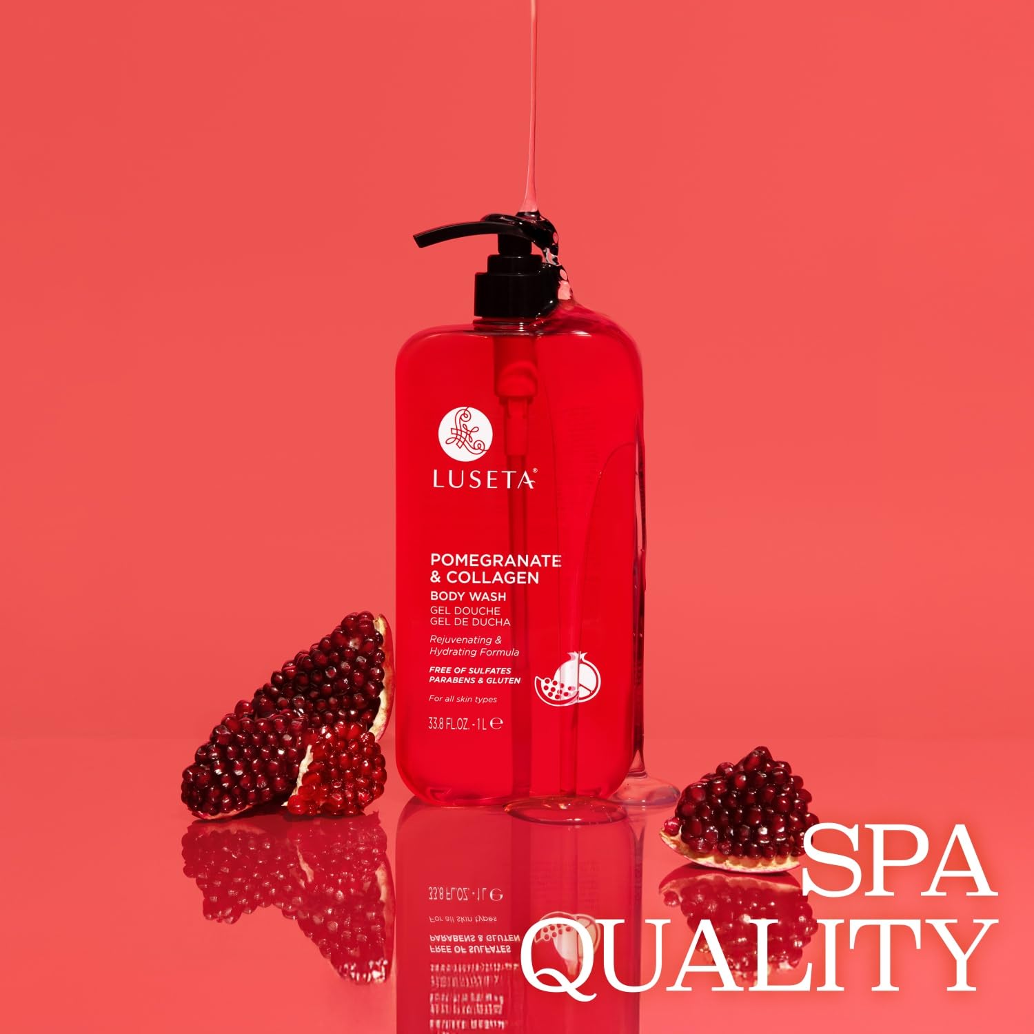 Pomegranate close-up highlights antioxidant-rich ingredient in Luseta wash.