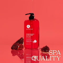 Pomegranate close-up highlights antioxidant-rich ingredient in Luseta wash.
