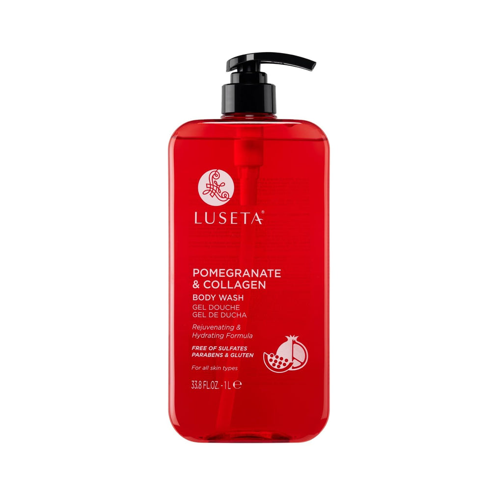 Luseta Pomegranate and Collagen Body Wash bottle with rich lather for hydrated skin.