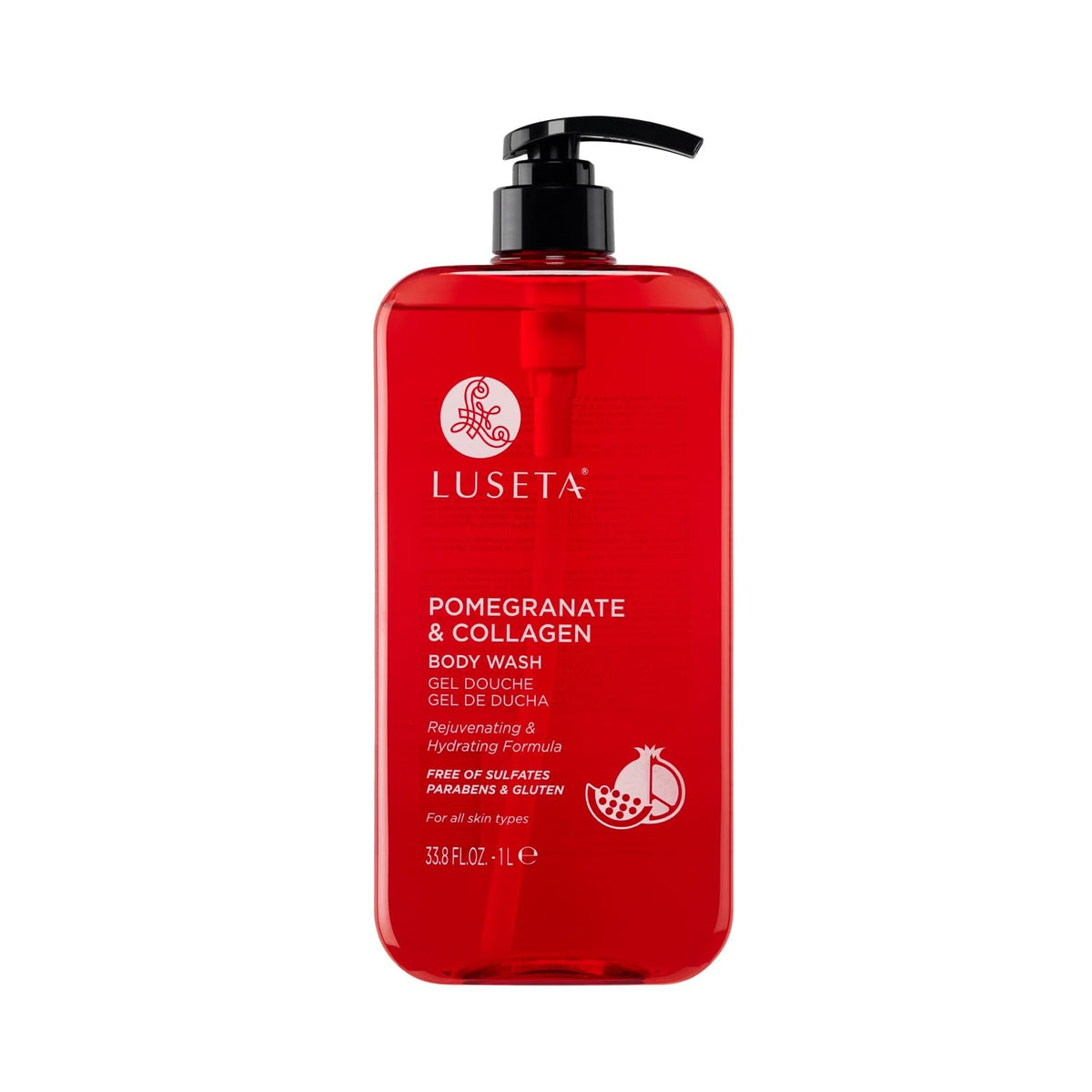 Luseta Pomegranate and Collagen Body Wash bottle with rich lather for hydrated skin.