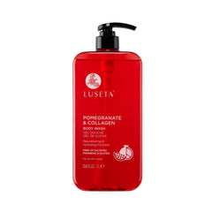 Luseta Pomegranate and Collagen Body Wash bottle with rich lather for hydrated skin.